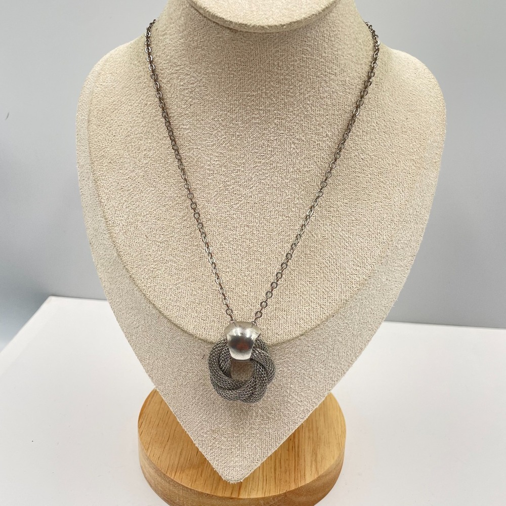 Vintage Silver Tone Mesh Love Knot Pendant Necklace Mixed Metal Woven Link 18"
